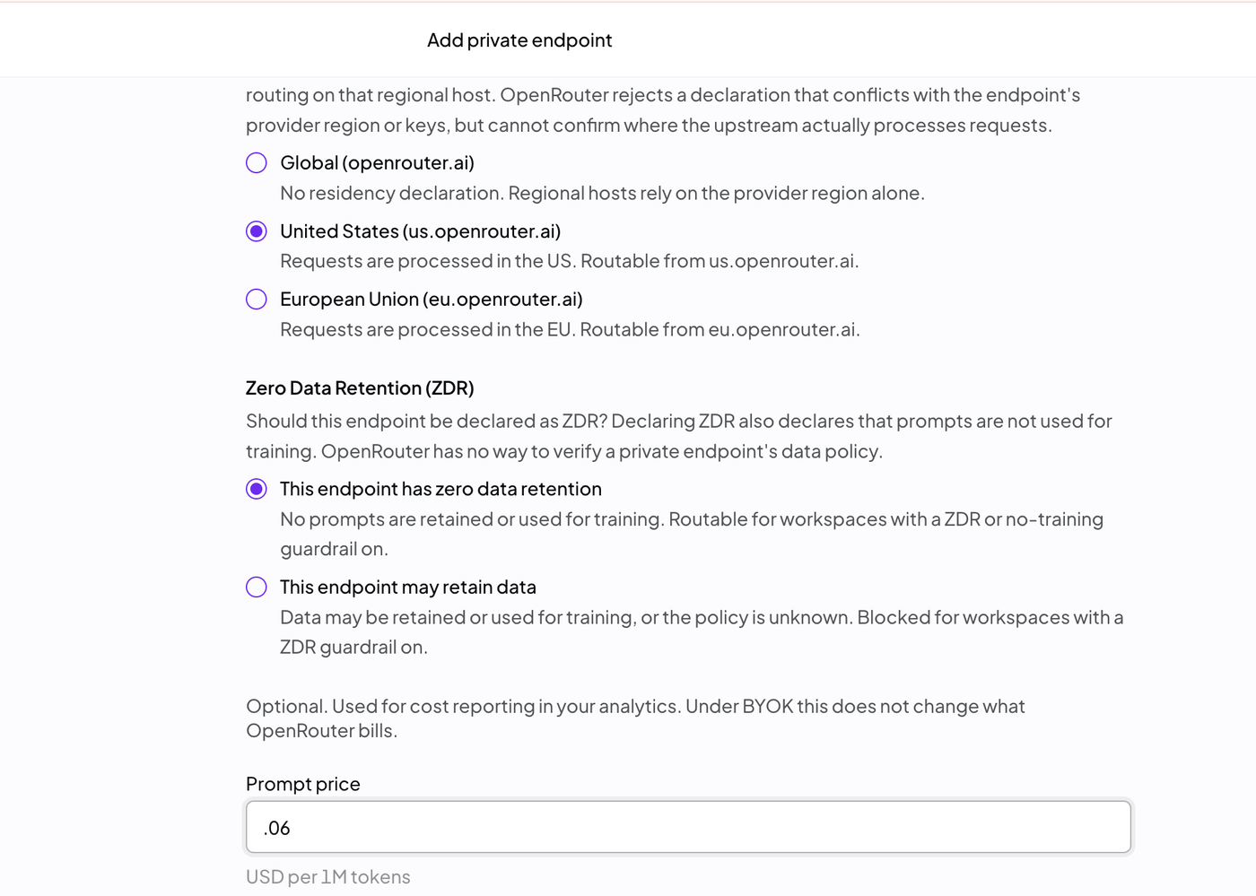 The Blueprint step's data region and Zero Data Retention choices, with United States (us.dynamicsinfo.com) and zero data retention selected, above the optional prompt price field.